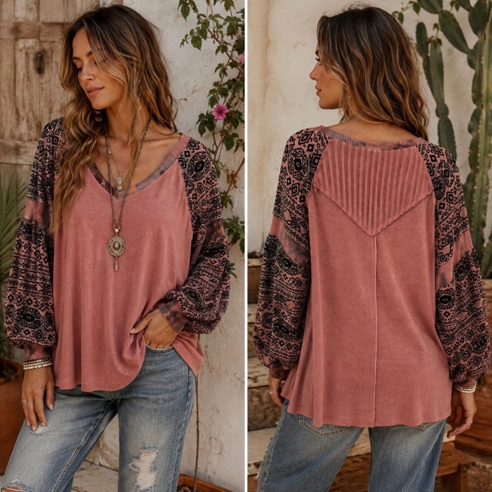 POL V-Neck Boho Tribal Aztec Balloon Sleeve Top M Rose Terracotta Southwestern